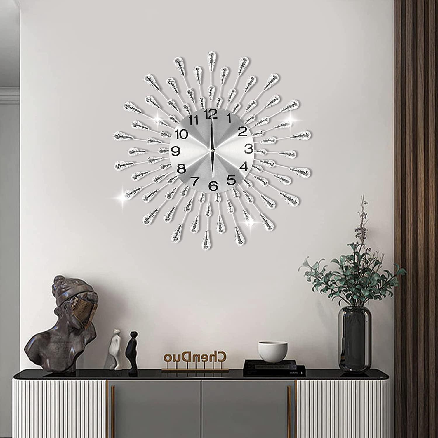 Miumaeov 19.7" Large Wall Clock Modern Big Crystal Non-Ticking Quiet Wall Clock Decor Silver Drop Crystal Wall Clocks for  Bedroom Kitchen Office Home Decor