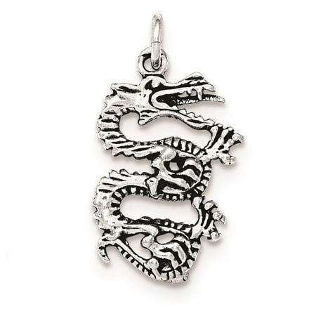 925 Sterling Silver Antiqued & Textured Dragon Polished Charm Pendant