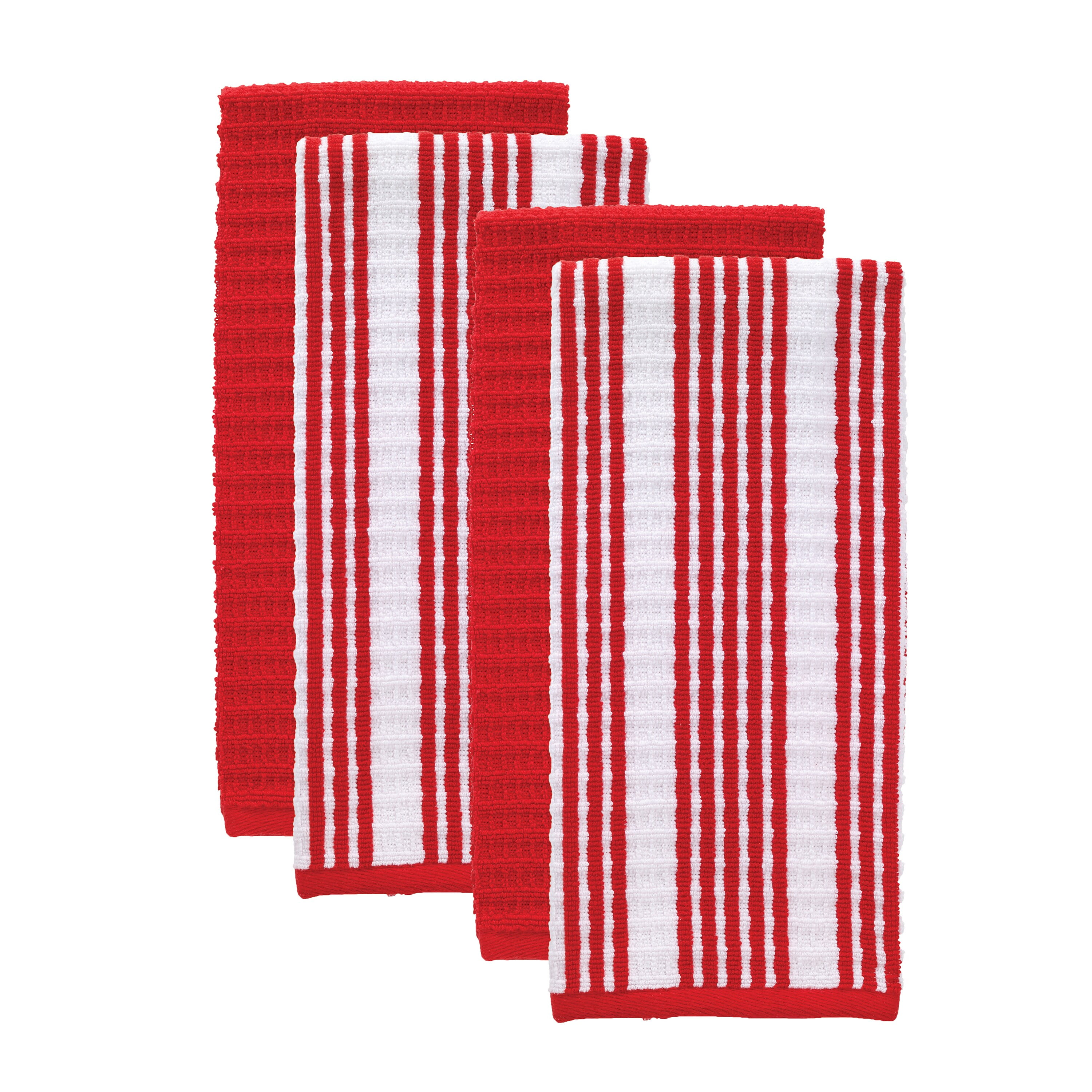 Solid and Stripe Waffle Kitchen Towel, Four Pack, Red