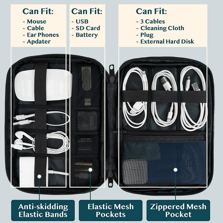 Small Travel Cable Organizer Case - Cord Organizer Bag for Tech  Electronics, Cables, Chargers & Airplane Accessories (Black)