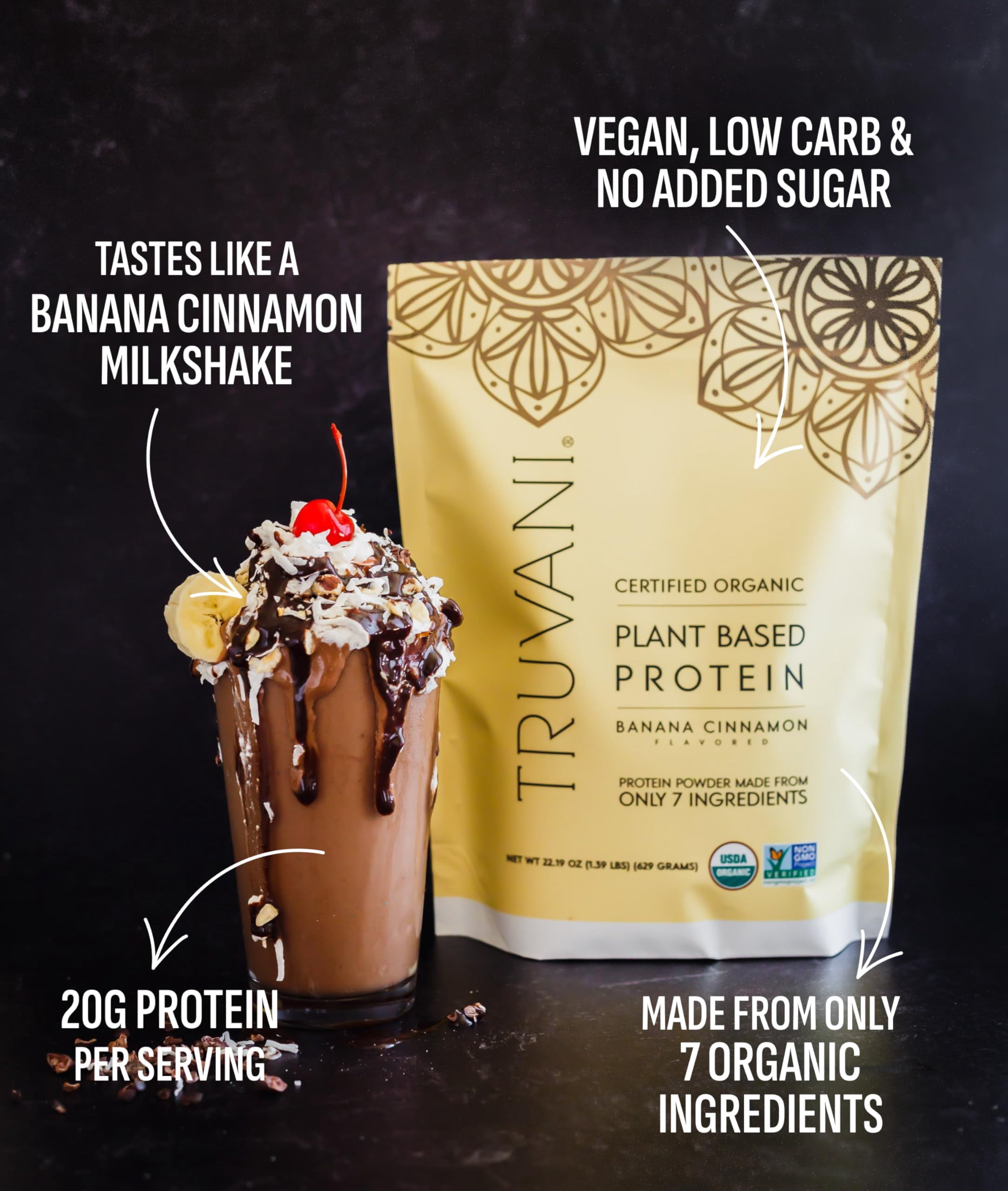 Truvani Vegan Pea Protein Powder | Banana Cinnamon | 20g Organic Plant Based Protein | 10 Travel Packets | Keto | Gluten & Dairy Free | Low Carb | No Added Sugar