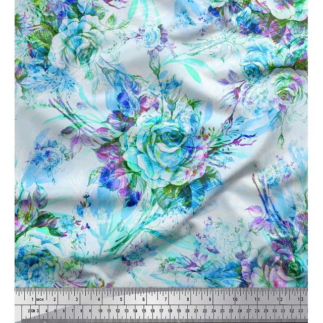 Soimoi Rayon Crepe Fabric Leaves & Rose Flower Printed Fabric 1 Yard 46 Inch Wide