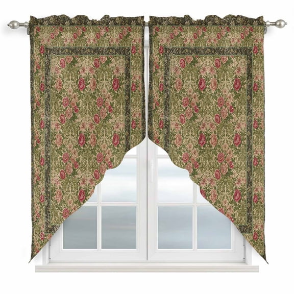 Sage Green Boho Swag Valances for Windows 2 Pack, Kitchen Window Curtains 36 Inch Length, Vintage Ethnic Tribe Abstract Art Floral Privacy Swag Curtains for Living Room/Bathroom 36"x36"