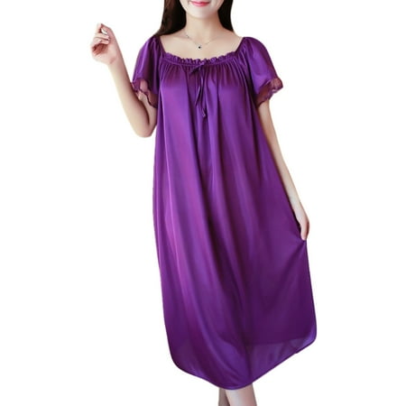 

ZPAQI Womens Summer Lace Ice Silk Nightdress Short Sleeve Loose Plus Size Nightgown XL