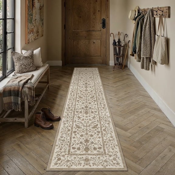 BERTHMEER 2'x8' Runner Rugs for Hallway Kitchen Entryway Bedroom Bathroom Entrance Oriental Floral Vintage Farmhouse Machine Washable Non-slip Traditional Distressed rugs, Beige Brown