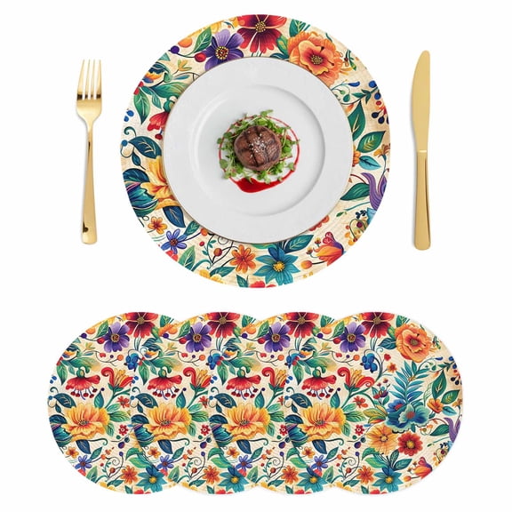 Vintage Botanical Round 15 Inch Placemats Set of 4, Spring Floral Summer Vintage HeatResistant Non Slip Place Mats for Dining Table, Wipeable Braided Kitchen Table Mats for Housewarming