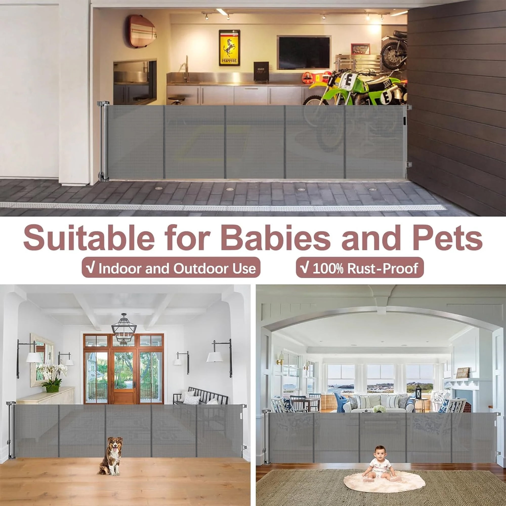 Retractable Baby Gate,HDJ 120in Baby Safety Gate for Stairs Doorways,34inch Tall Metal Dog Gate,Extra Wide,Gray