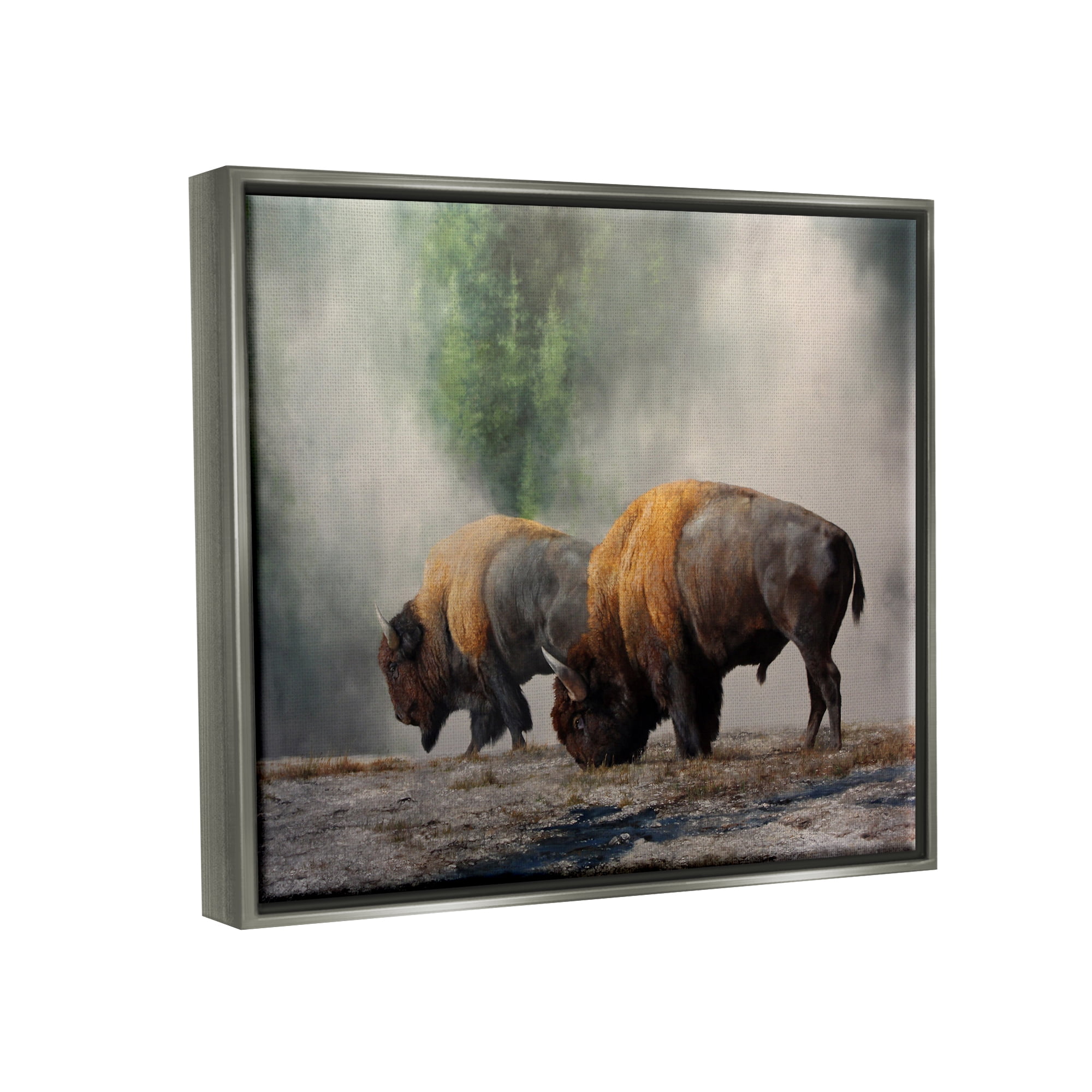 Stupell Industries Bison Duo Grazing Foggy Nature Animals & Insects Painting Gray Floater Framed Art Print Wall Art