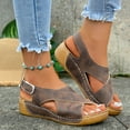 thumbnail image 2 of Sandals for Women 2025 Sandal Womens Rope Sandals with Toe Strap Women Beach Shoes Womens Platform Shoes Flat Scandals Ladies Summer Retro Solid Color Leather Slope Heel Thick Bottom Large S Brown 6.5, 2 of 9
