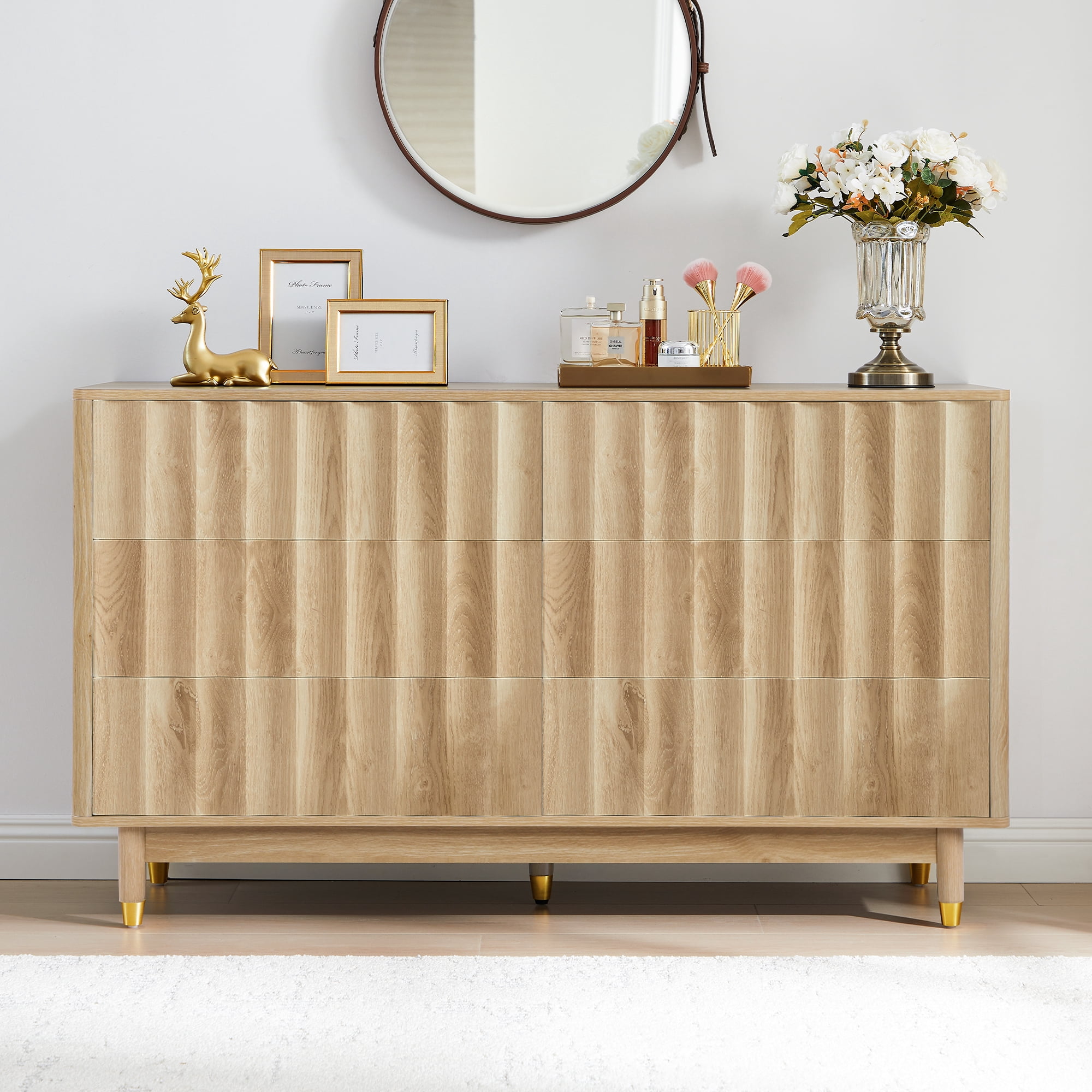 LEFHDA 53" Dresser Fluted 6 Drawer Dresser, Large Modern Chest of Drawers, Wide Wood Storage Dressers Organizer Storage Cabinet for Bedroom Living Room Hallway Entryway