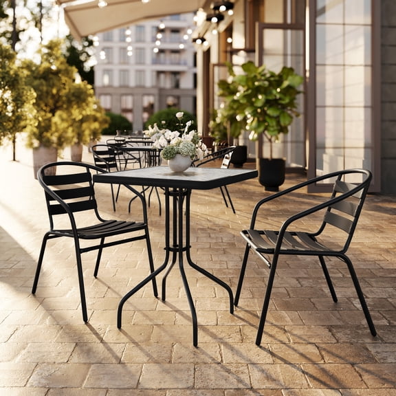 Flash Furniture 23.5'' Square Glass Metal Table with 2 Black Metal Aluminum Slat Stack Chairs