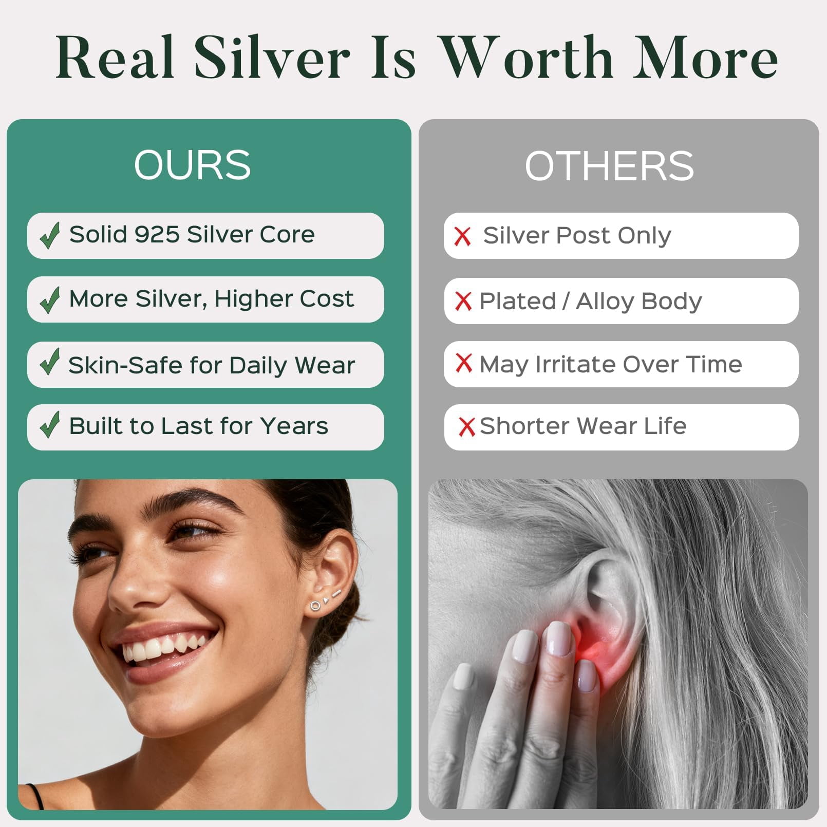 ChicSilver Bar Earrings for Women Men 925 Sterling Silver Ear Studs Ladies Simple Stud Earrings Hypoallergenic Jewelry Gift