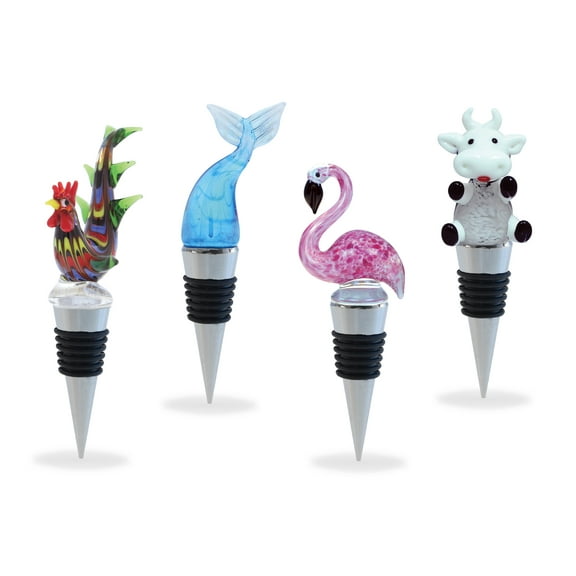Cheers Mermaid Tail, Flamingo, Rooster, and Cow Glass Wine Stopper Set of 4 – Elegant Vacuum Seal Reusable Wine Bottle Stoppers – Airtight Leak Proof Bottle Topper Cork Plug and Bar Tool Accessory