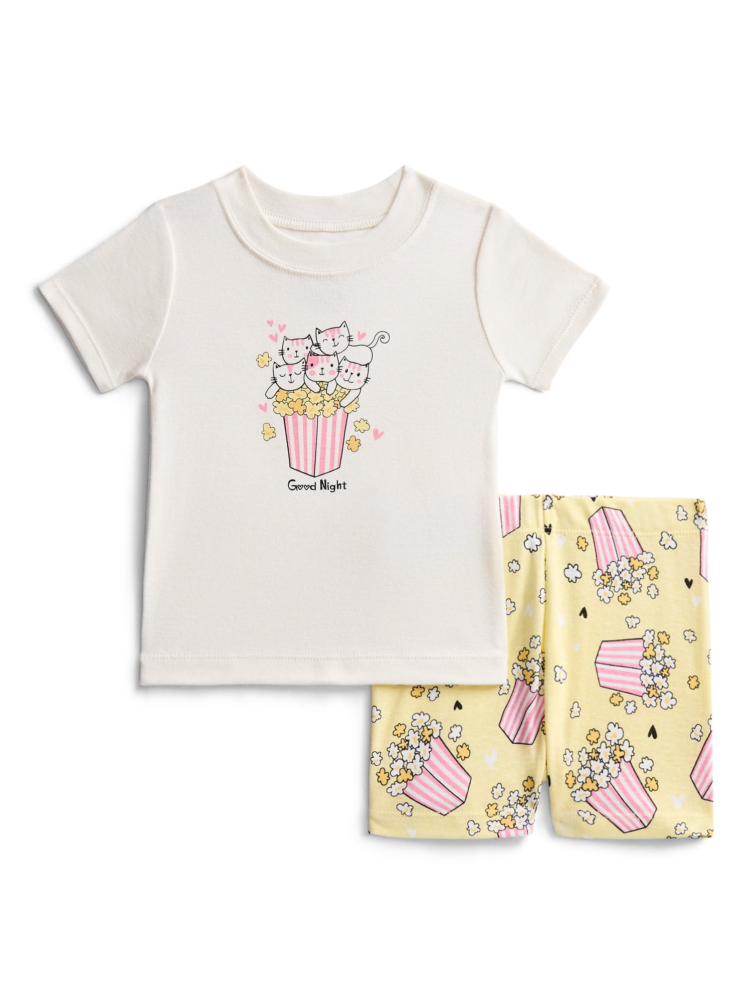 Wonder Nation Toddler Girls Short Sleeve Tee and Shorts Cotton Tight Fit Pajama Set, 4-Piece, Sizes 12M-5T