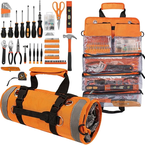 STARWAL 18Pc Orange Tool Set, Home Tool Kit for DIY w/ Hammer, Pliers, Wrenches, Duty Roll up Foldable Tool Bag