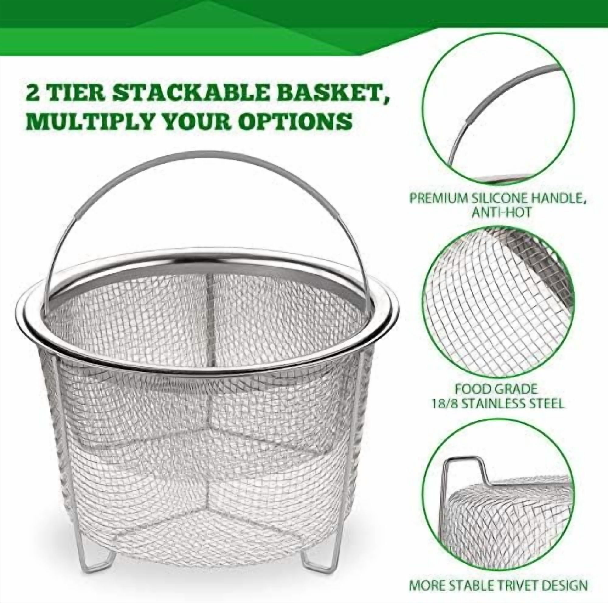 Steamer Basket for Instant Pot Accessories 6 qt or 8 quart - 2 Tier Stackable 18/8 Stainless Steel Mesh - Silicone Handle - Vegetable Steamer Insert, Egg Basket, Pasta Strainer,Silver