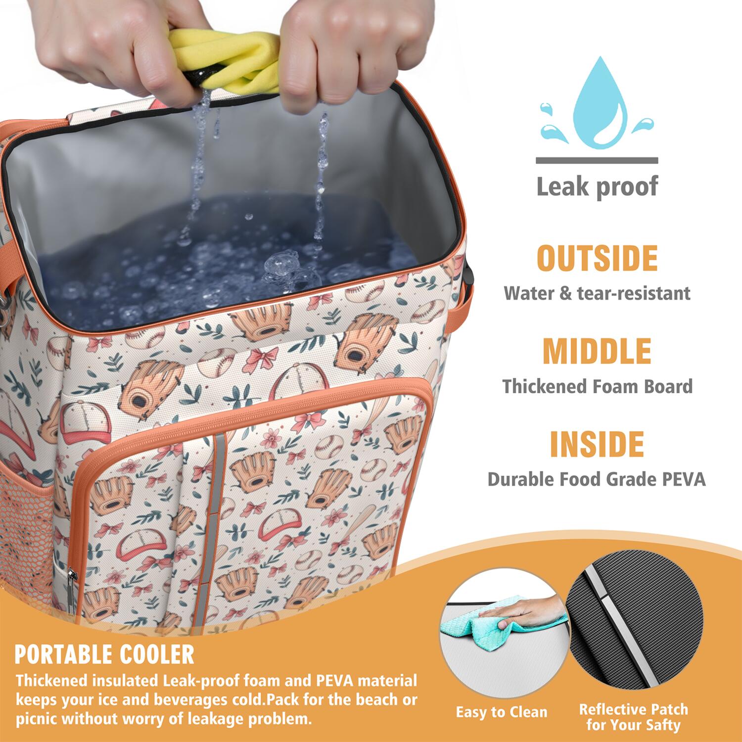 Travel Cooler Bag - Pink and Blue Baseball Items Pattern Camping Beer Cooler Backpack with Bottle Opener- Waterproof Insulated Picnic Backpacks - Cooler Bag for Beach