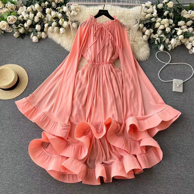 Robes Irrégulières à Volants pour Femmes Col en V Manches Cape Taille Haute Lacets Robe Ample Été Femme