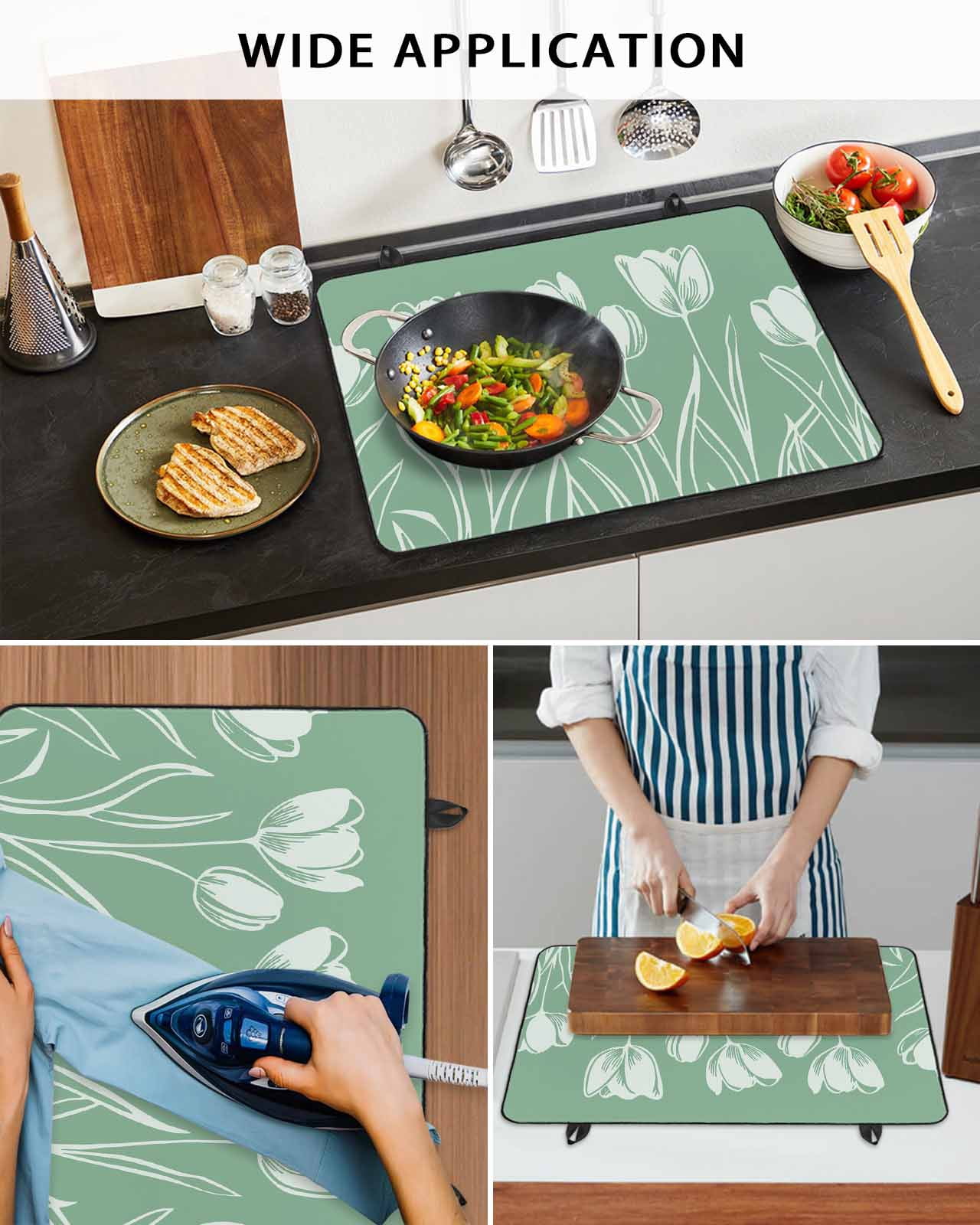 nqOlkjepod Large Induction Cooktop Protector Mat 36"x21", White Tulips Stove Top Covers for Electric Stove, Spring Floral Summer Botanical Green Stove Burner Cover Mats, Glass Top Stove Cover