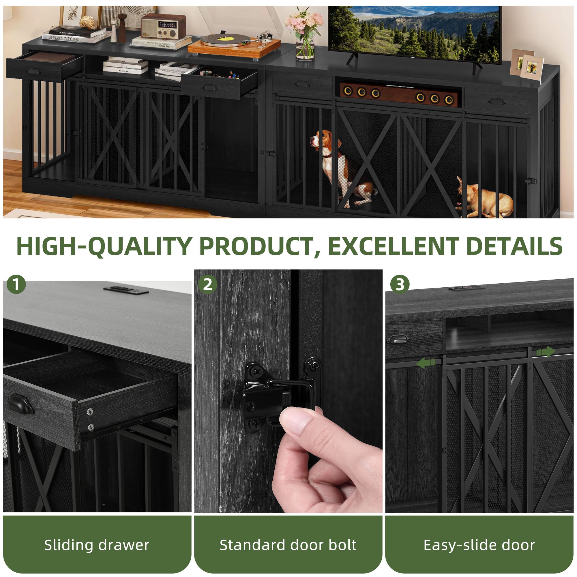 Uforic 63" Dog Crate Furniture with 2 Drawers,TV Stand with Charging Station 63" Large Wooden Indoor Dog Kennel - Gray