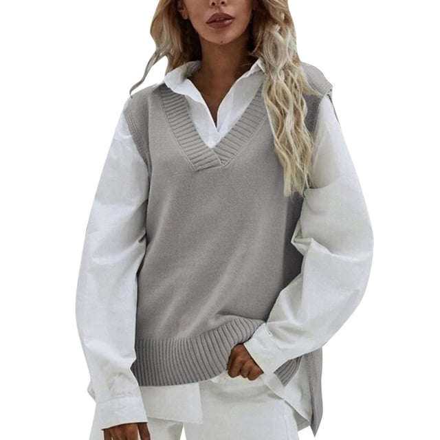 Women Casual Sleeveless V Neck Ribbed Knit Split Pullover Sweater Vest Blouse