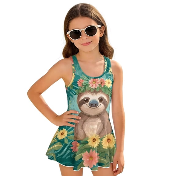 Uourmeti Sloth Flower Print Girl One Piece Swimsuit with Skirt Quick Dry Crossback Beach Swimwear Girls Cute Cartoon Kawaii Bathing Suit Beach Vacation Outfits