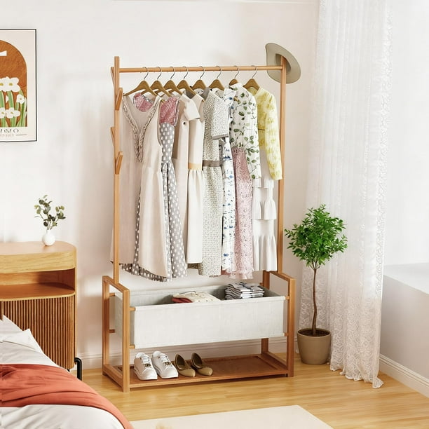 Perchero de Bambú con Estante, Organizador Independiente Resistente para Ropa, Barra Colgante de Gran Capacidad, Ahorra Espacio, 100 * 30 * 165cm (Beige)