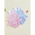 thumbnail image 3 of BemeyourBBs Newborn Baby Girls Summer Clothes Cute 2 Pieces Plaid Gingham Outfit Infant Collar Button Down Ruffle Tank Tops with Bubble Shorts Set, 3 of 9