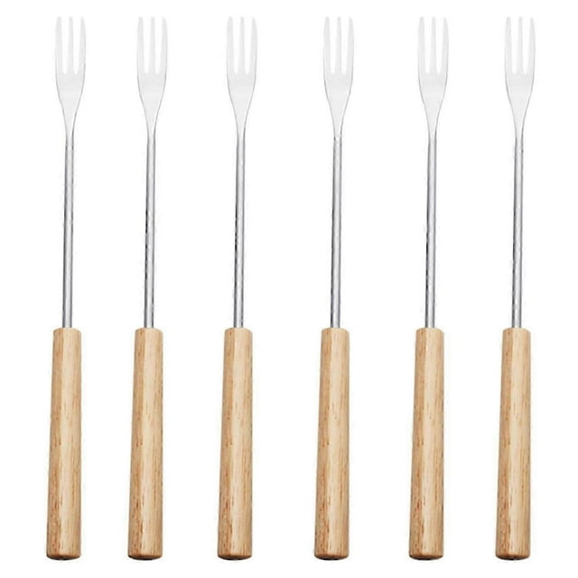 Set of 6 Cheese Fondue Forks Fondue Cutlery Stainless Steel Cheese Fondue Cutlery with Heat Resistant Handle,Wood Colour