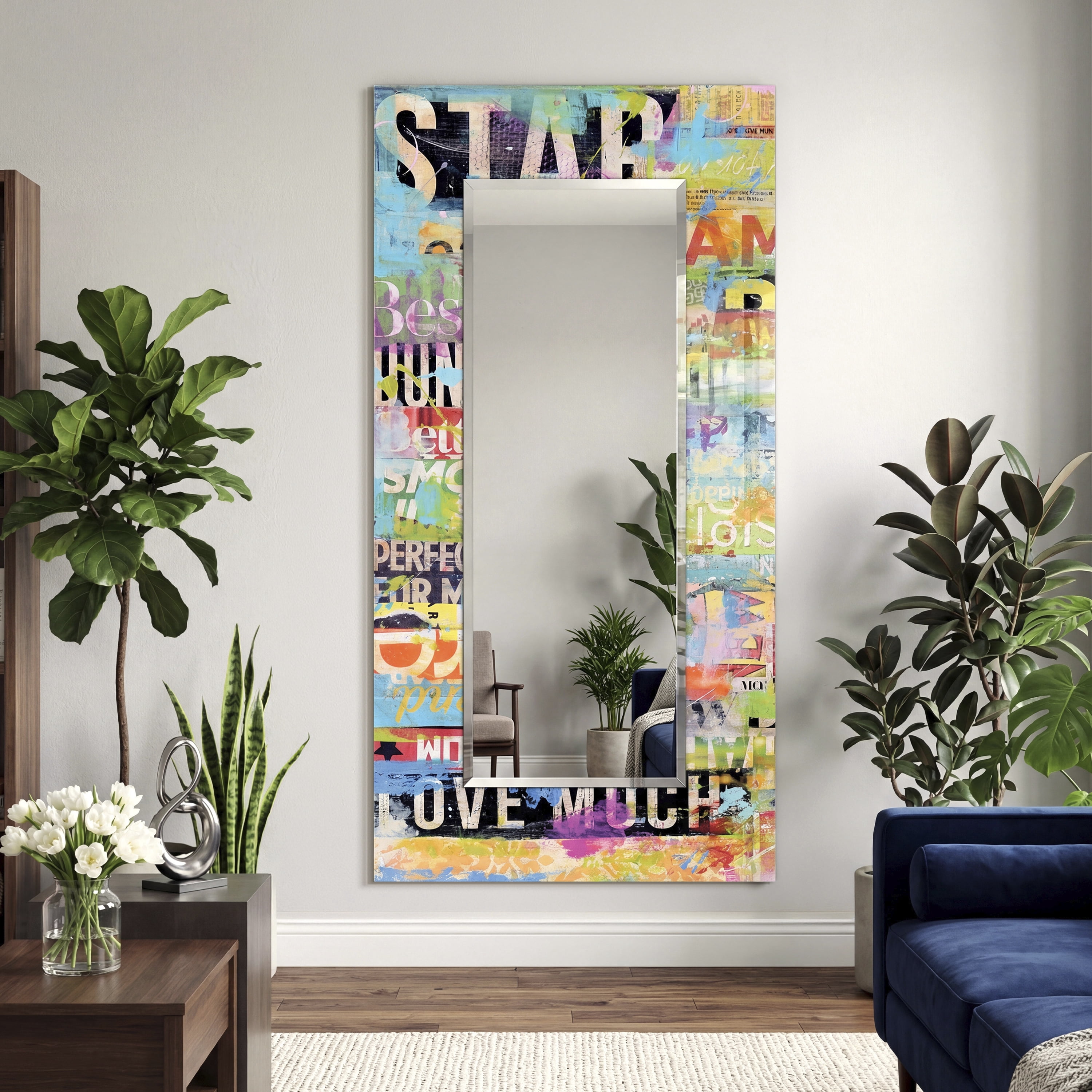 Empire Art Direct Metro Mix Rectangular Beveled Mirror on Free Floating Reverse Printed Tempered Art Glass, 72" x 36" x 0.4", Ready to Hang