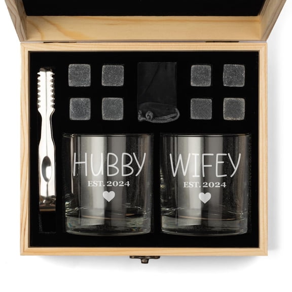 Whiskey Glass Gift Box Set with Whiskey Stones and 2 Rocks Glasses Set of 2 Hubby & Wifey Husband and Wife Wedding Engagement for Couple