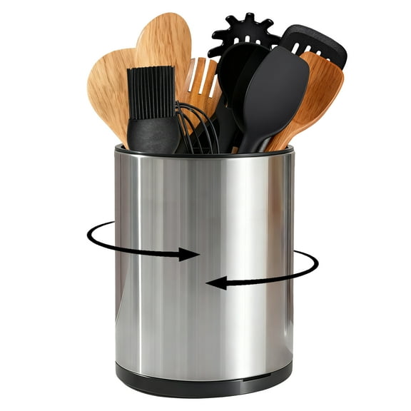 Aovky Extra Large Kitchen Utensil Holder, 360° Rotating Stainless Steel Cooking Utensil Holder for Countertop, 7.9" Utensil Crocks 3 Compartment Flatware Spoon Spatula Tool Cutlery Container（Silver）