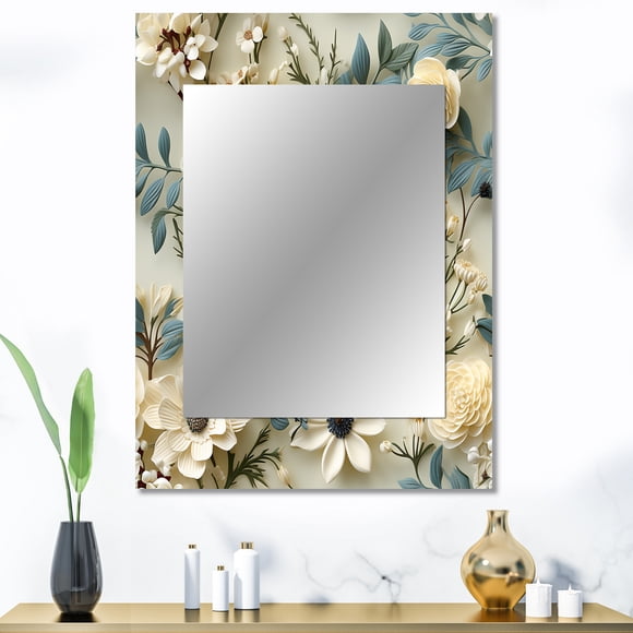 Designart « Luminous Lace Floral Design III » Miroir Mural Floral, Miroir Mural Blanc Imprimé, Miroir Mural de Salle de Bain Traditionnel, Miroir Floral Décoratif - 30x40 Pouces