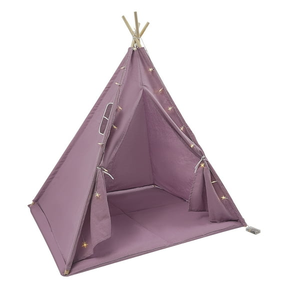 4-Person Waterproof Teepee Tent for Kids, Purple Cotton and Linen Play Tent with Star Light, Comfortable Mat, and  Wood Poles for Bedroom or Playroom
