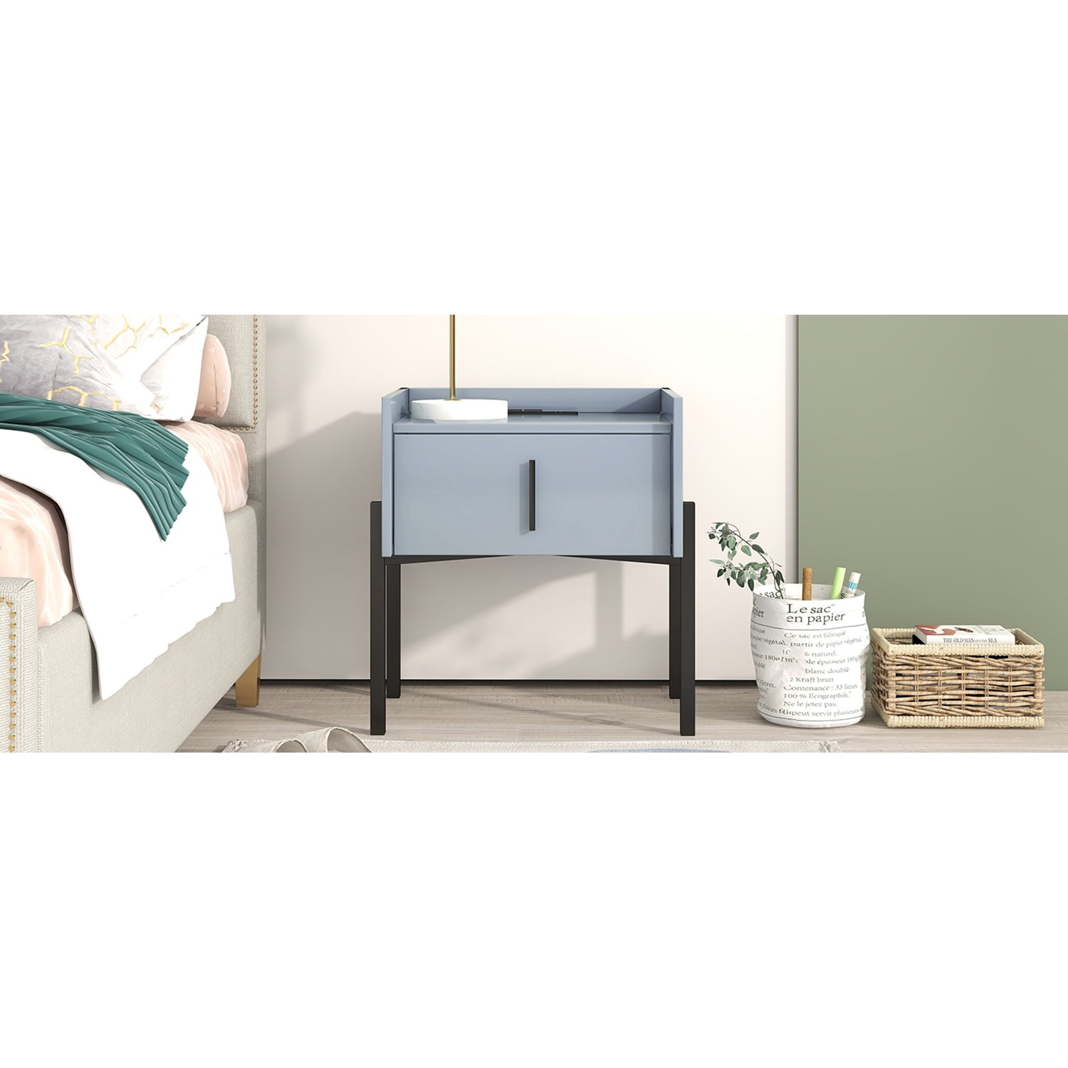 Kadyn Modern Nightstand with Drawer, Bedside Table with USB Charging Ports, Storage End Table for Living Room and Bedroom, Blue