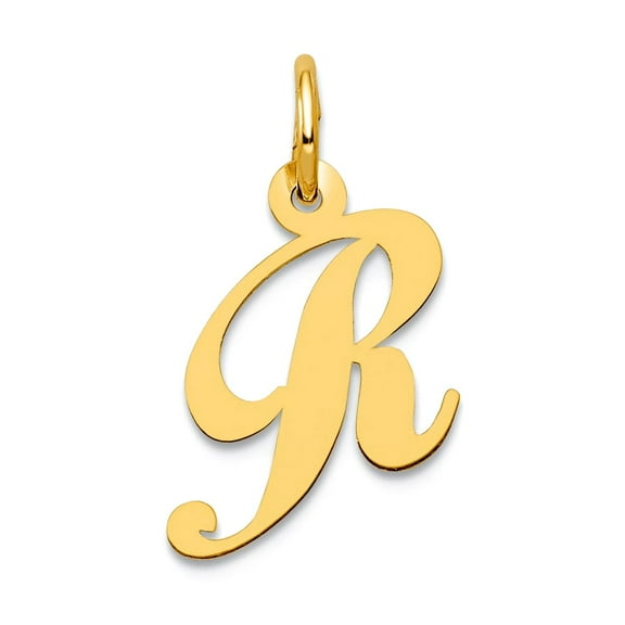 17mm 10k Solid Yellow Gold Small Fancy Script Letter Name Personalized Monogram Initial R Charm Pendant Necklace for Wom