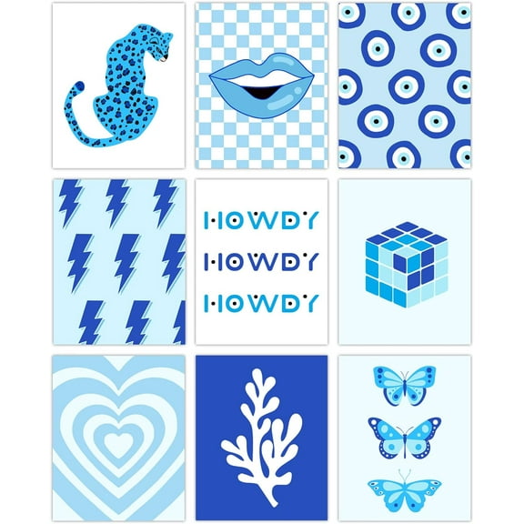 Aesthetic Canvas Wall Art Prints Blue Modern Art Preppy Room Decor Painting 9PCS Unframed Abstract Eyes Leopards Butterflies Love Artwork for Teen Girls Bedroom Living Room Apartment Dorm 1set