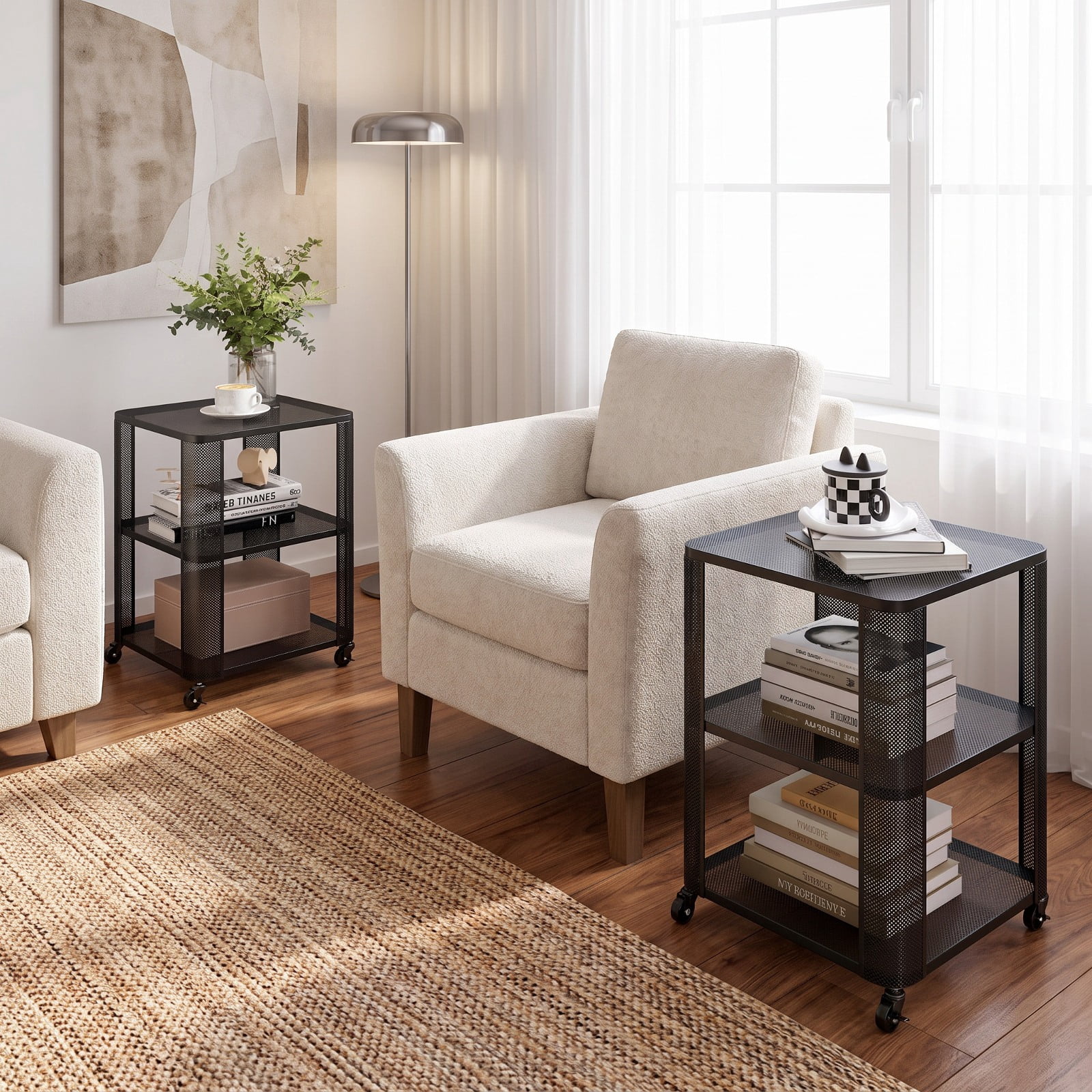 Furnibear 3 Tier Rolling End Table with Locking Casters and Metal Mesh Storage Shelves for Living Room Bedroom Apartment and Dorm, Black