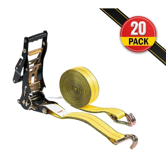 20 Pack 2"x27' Yellow Ratchet Strap with J Hooks - 10,000 Lbs Breaking Strength - Heavy Duty Tie Down Large Bar Handle and Cargo Straps with Wire Hooks for Flatbed, Truck, Trailers Pickup
