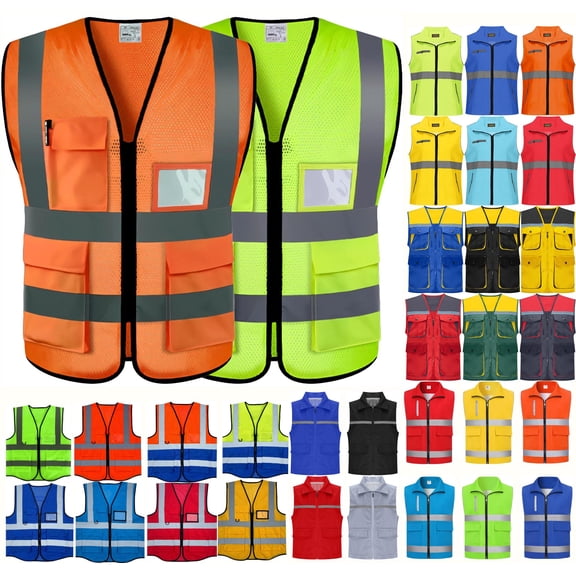 Teyfeniy Reflective Mesh Safety vests for Men Women with 5 Pockets and Zipper Front High Visibility Mesh vests High Visibility Construction Work vests