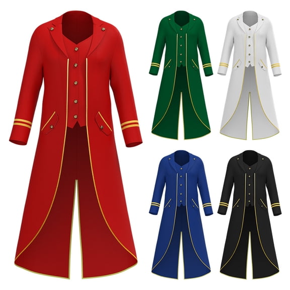 Gold Trim Victorian Tailcoat, Gold Trim Victorian Long Tail Coat, Double Layer Steampunk Formal Tailcoat for Halloween Noble Pirate Magician Cosplay, 5 Color Medieval Vintage Stage Costume, Red L