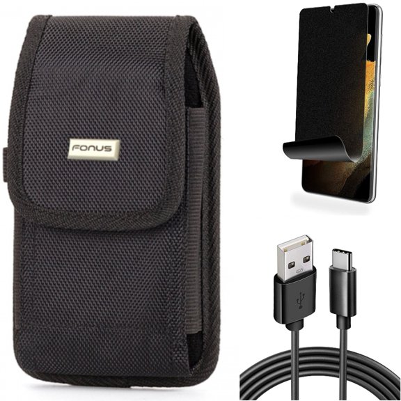 6ft USB Cable & Privacy Screen Protector & Case Belt Clip for Samsung Galaxy S21 Ultra Phone - Type-C Charger Cord & TPU Film Fingerprint Works & Swivel Holster Accessory Bundle