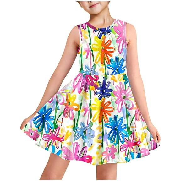 JUSLIO Dresses for Girls Multicolor Dresses with Pockets Crew Neck Sleeveless Casual Cotton Dress Size 3 Y
