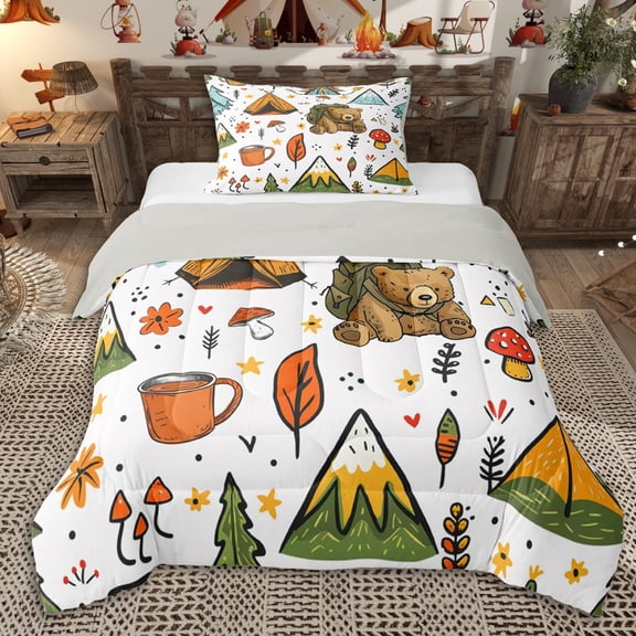 Erosebridal Happy Camping Kawaii Bear Twin Comforter Sets 3-Piece for Kids Teens,Boys Girls Adventure Accessories Bedding Set,Grey Reversible,Lightweight Room Decor