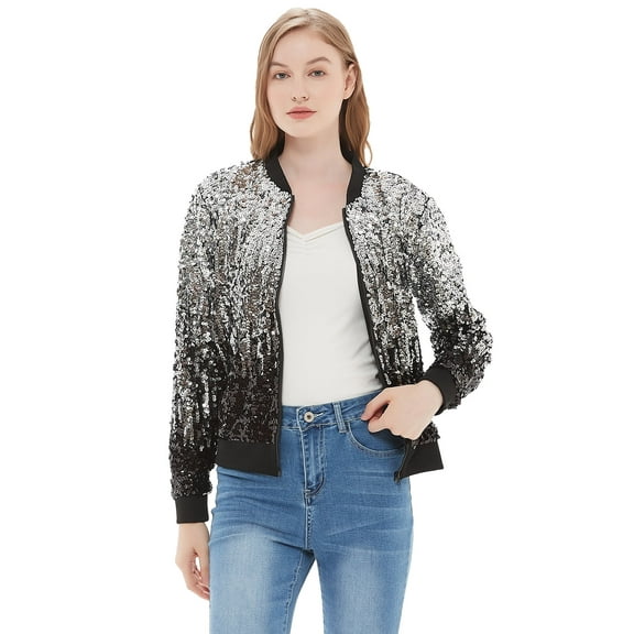 Womens Sequin Long Sleeve Front Zip Jacket with Ribbed Cuffs