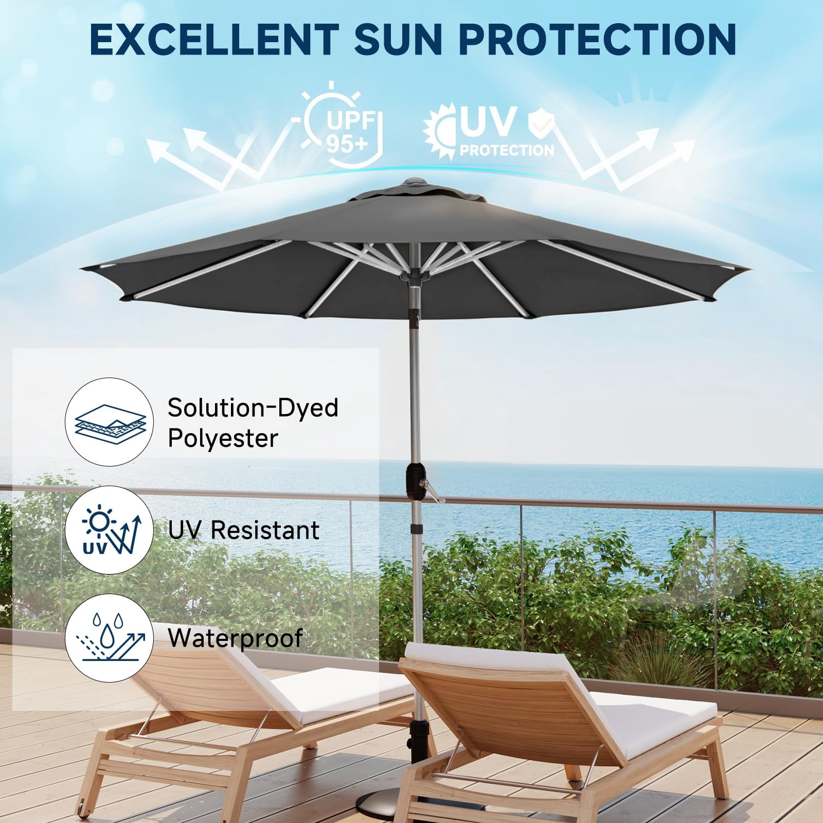 9FT Aluminum Outdoor Patio Umbrella, Fade-Resistant Market Umbrella with Push Button Tilt Function, 8 Sturdy All-Aluminum Ribs for Gardens, Patios, Backyards & Pools (Grey)