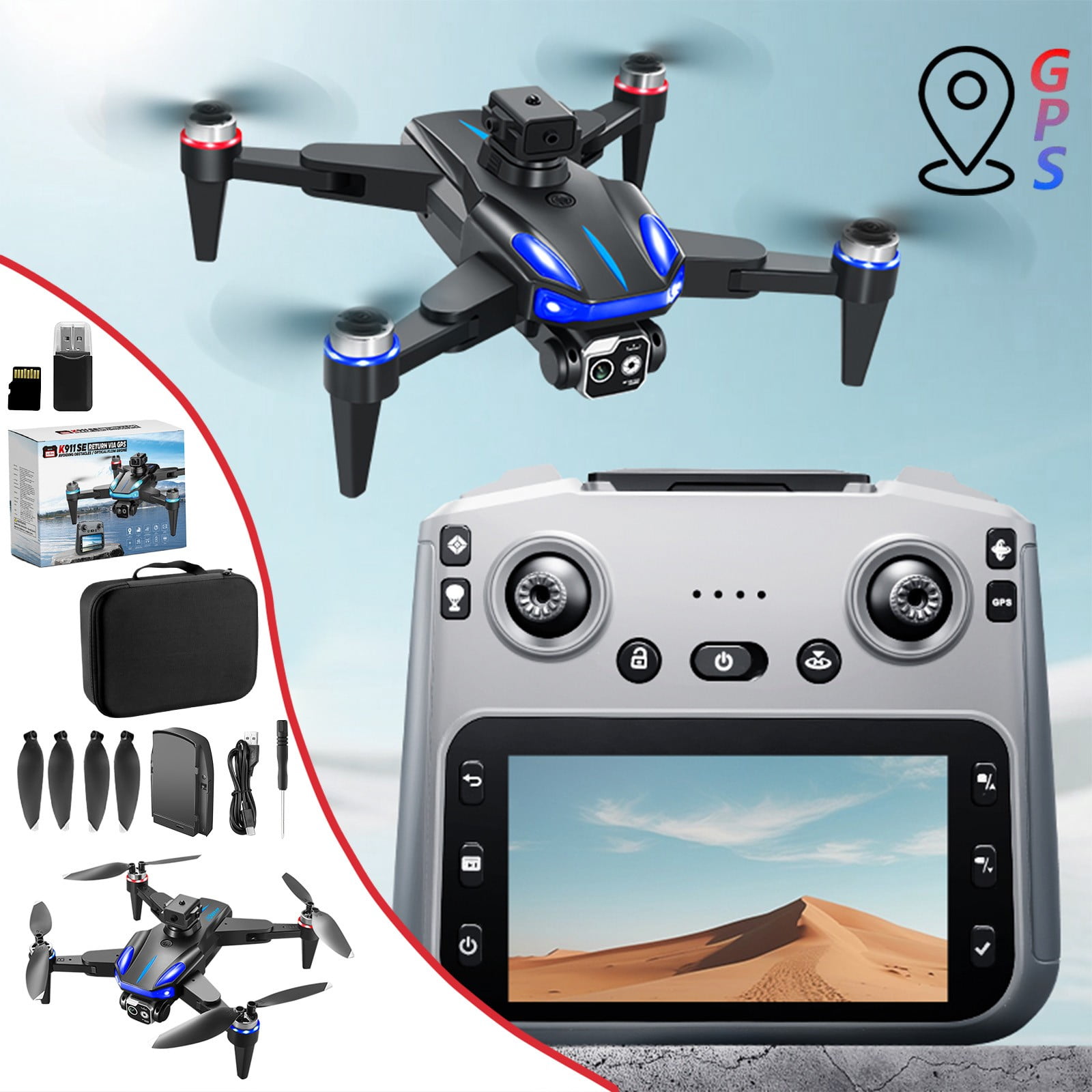 Drone with Camera for Kids and Adults, 4.5-Inch Screen Remote Control with GPS, Dual HD Cameras, Long Flight Time, Wide Control Range^