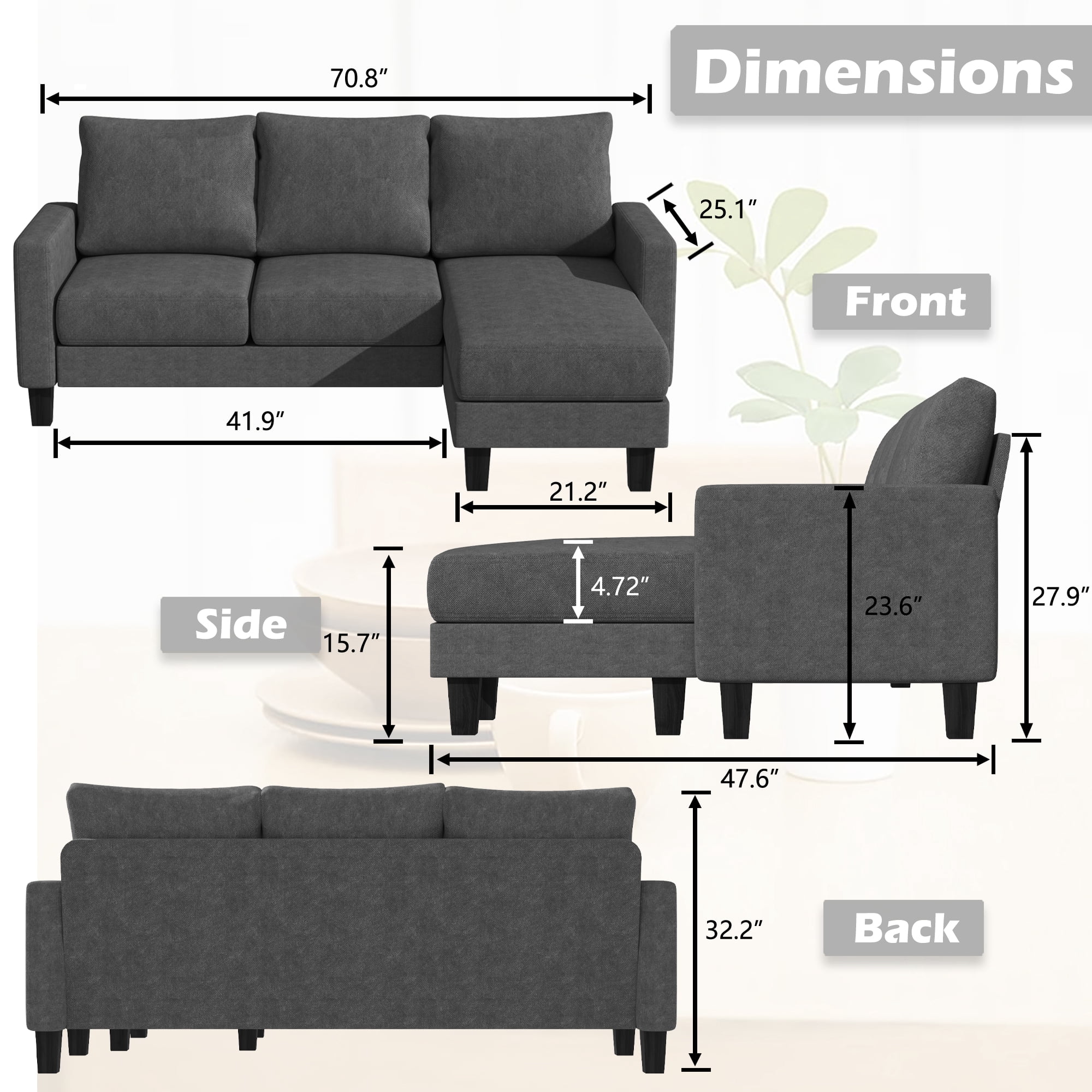 Homall Convertible Sectional Sofa Couch, Modern Linen Fabric L-Shaped Couch 3-Seat Sofa Sectional with Reversible Chaise for Small Living Room, Apartment and Small Space, Dark Gray