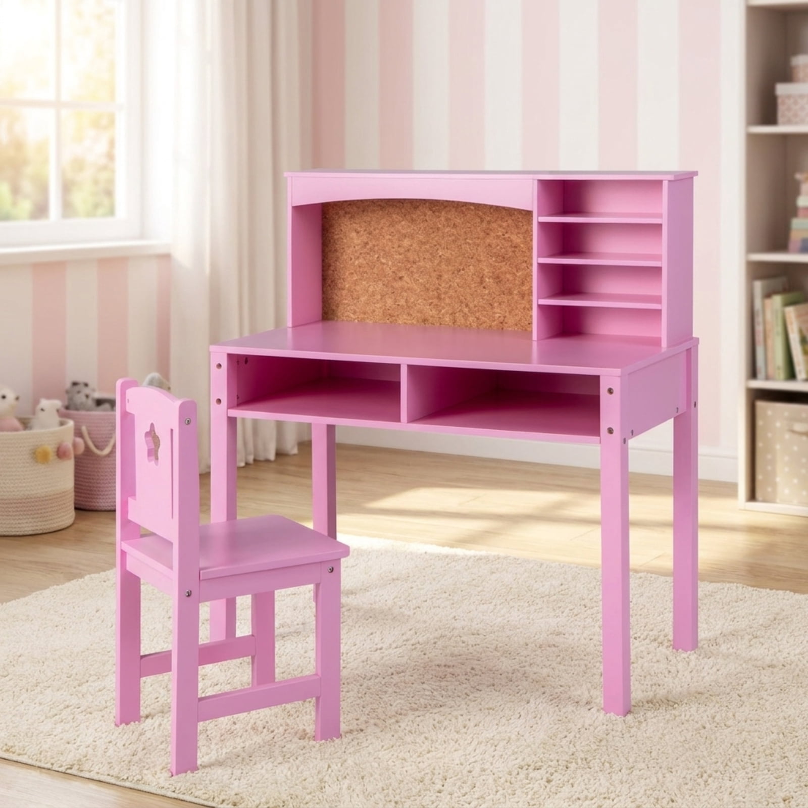 Furnibear Kids Desk and Chair Set with Hutch and Bulletin Board, Children Study Desk and Chair with Storage, Kids Writing Desk, Pink