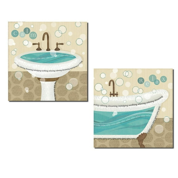 Brown and Teal Pedestal Sink and Clawfoot Tub Adult Bathroom Decor; 2 - 12" x 12" Unframed Posters